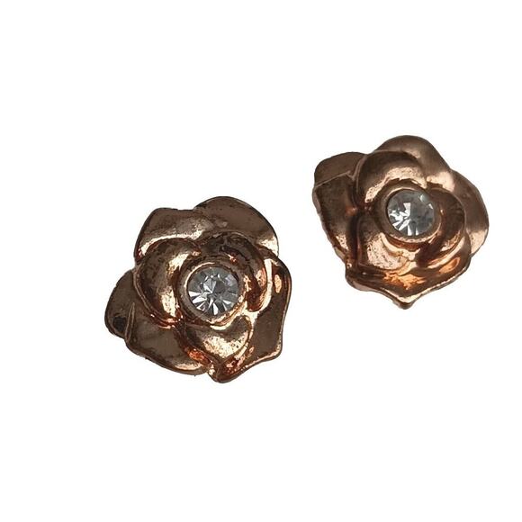 Rose Gold French Camelia Stud Earring Flower Simulated Diamond Pierced Fairygoth - Picture 1 of 7
